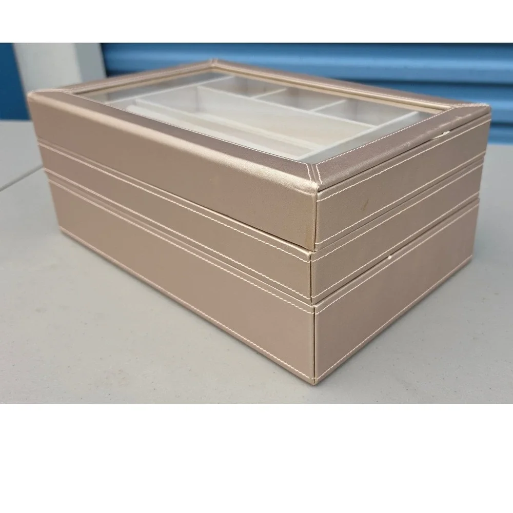 JTV by WOLF Metallic Champagne 3 Tier Stacking Jewelry Box Glass Lid 1834